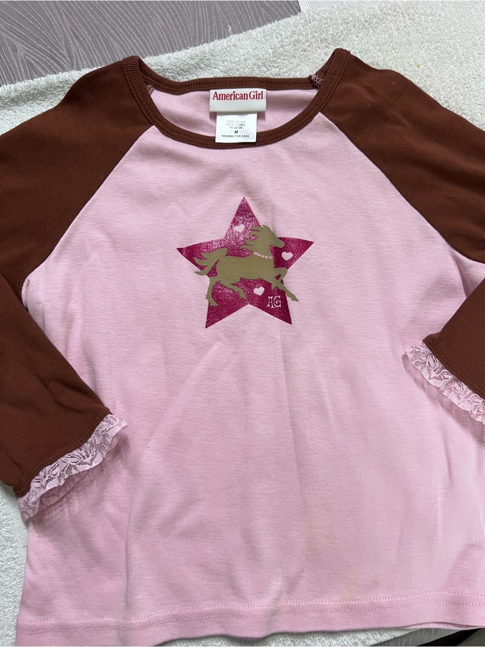 American Girl Horse Lover Top Girls Medium Pink Brown Horse Star Lace Cuffs 2005